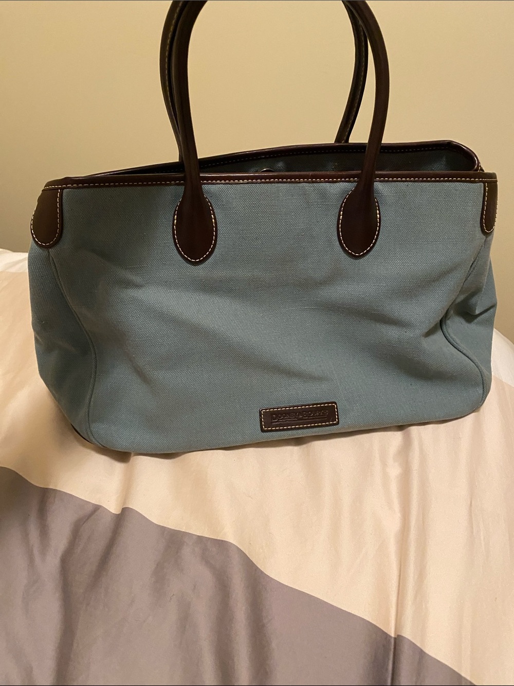 Dooney & Bourke Light Blue Canvas Tote/Satchel with Brown Leather Trim